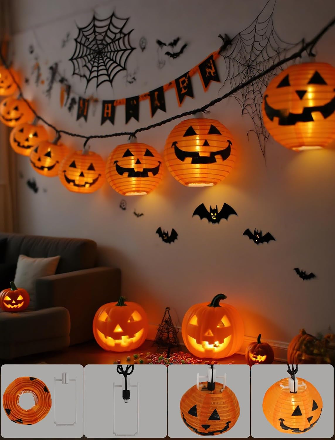 12FT Halloween Pumpkin Lantern String Lights Outdoor, 20LED Jack O Lanterns