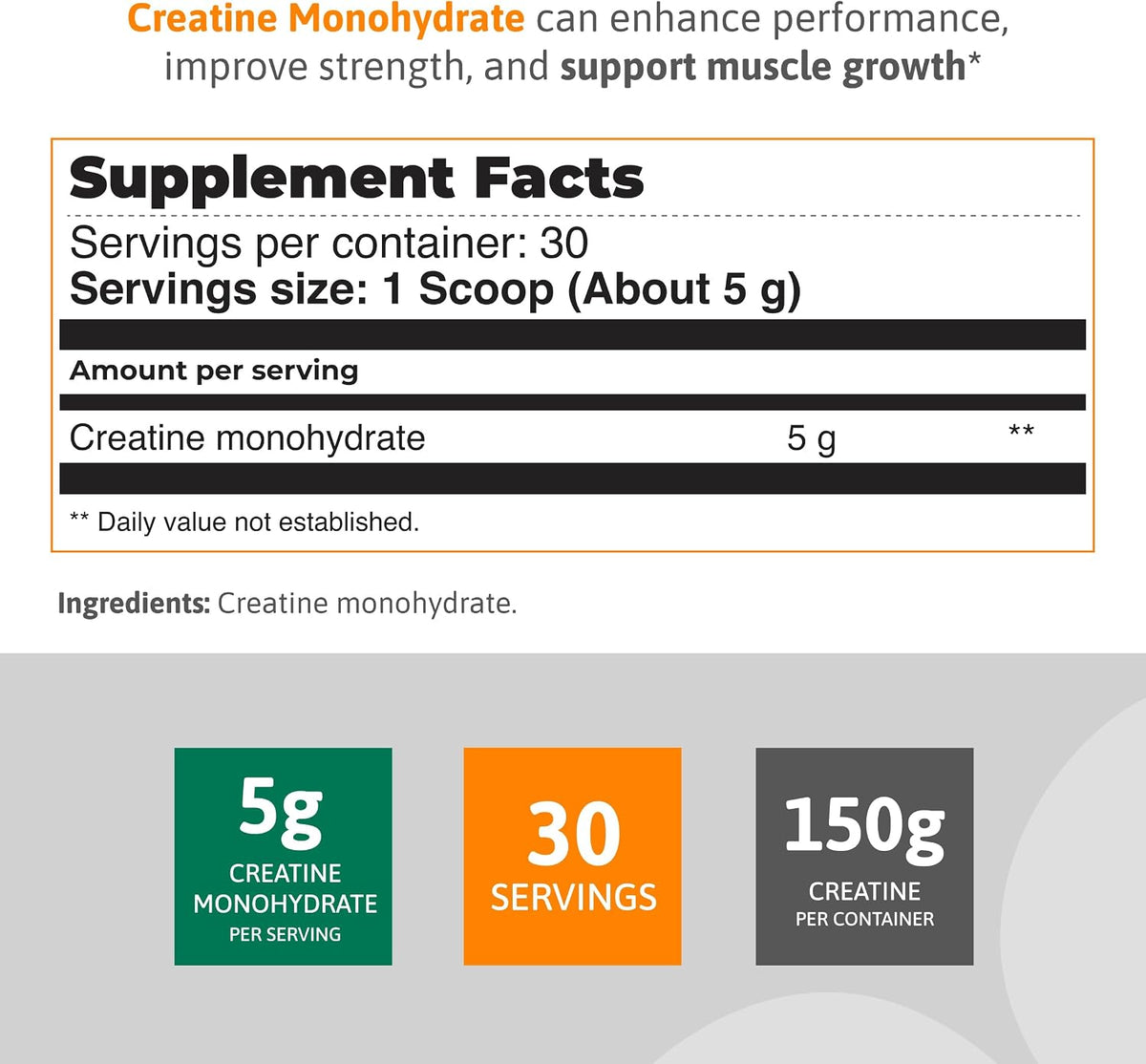 Creatine Monohydrate Powder 5G 30 Servings Unflavored 150G