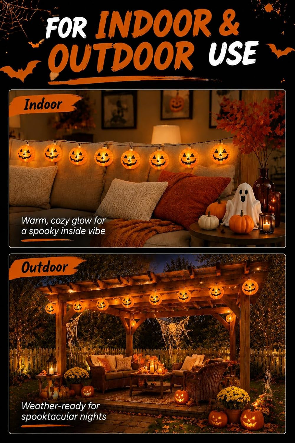 12FT Halloween Pumpkin Lantern String Lights Outdoor, 20LED Jack O Lanterns