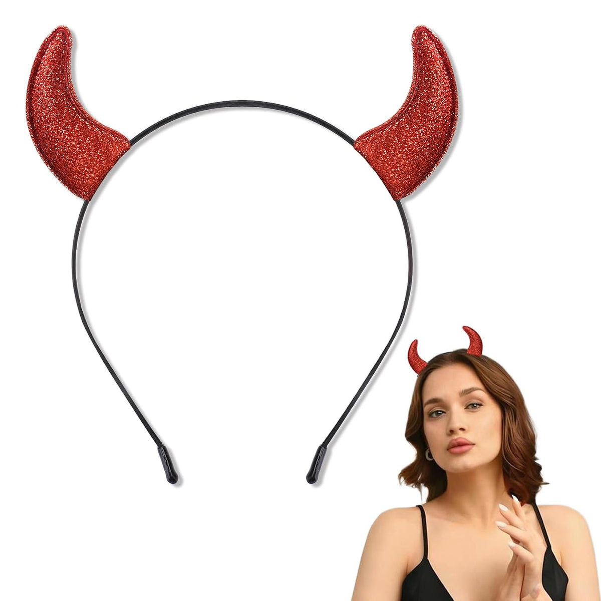Glitter Red Devil Horns Headband Horns Costume Accessories Halloween Headbands for Women Adults Devil Ears Hair Band Headwear Halloween Gifts for Women Men Cosplay Party