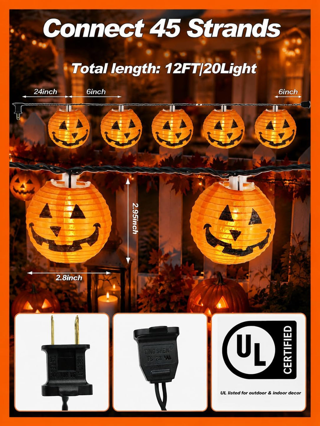 12FT Halloween Pumpkin Lantern String Lights Outdoor, 20LED Jack O Lanterns