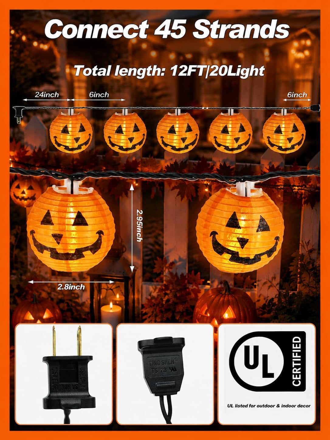 12FT Halloween Pumpkin Lantern String Lights Outdoor, 20LED Jack O Lanterns
