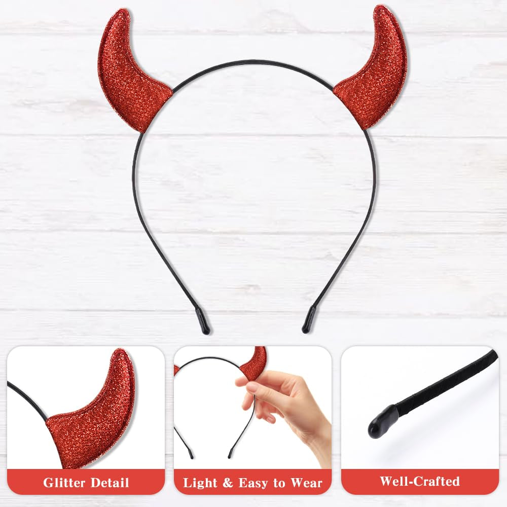 Glitter Red Devil Horns Headband Horns Costume Accessories Halloween Headbands for Women Adults Devil Ears Hair Band Headwear Halloween Gifts for Women Men Cosplay Party
